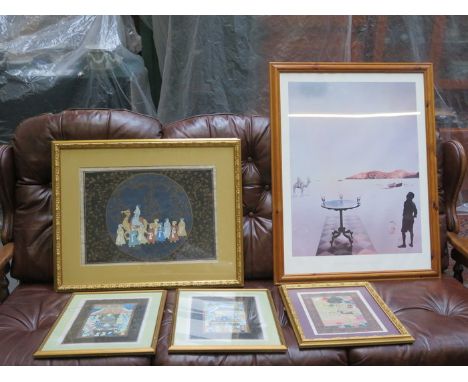 FIVE VARIOUS MODERN FRAMED PAINTINGS ON SILK, ALL DEPICTING ORIENTAL SCENES AND SALVADOR DALI PRINT