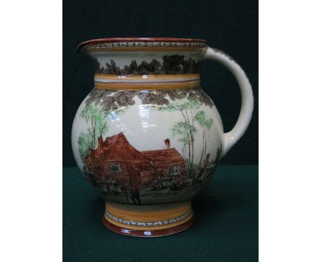 ROYAL DOULTON GLAZED CERAMIC JUG DEPICTING A COUNTRY INN, APPROXIMATELY 16cm HIGH 