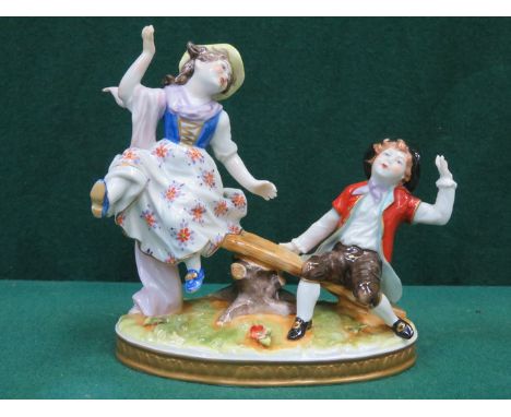 CONTINENTAL STYLE HANDPAINTED AND GILDED CERAMIC FIGURE GROUP, APPROXIMATELY 15cm HIGH 