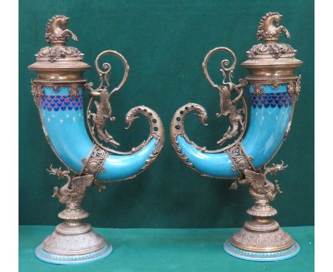 PAIR OF GILT METAL AND HAND PAINTED CERAMIC URNS WITH COVERS 