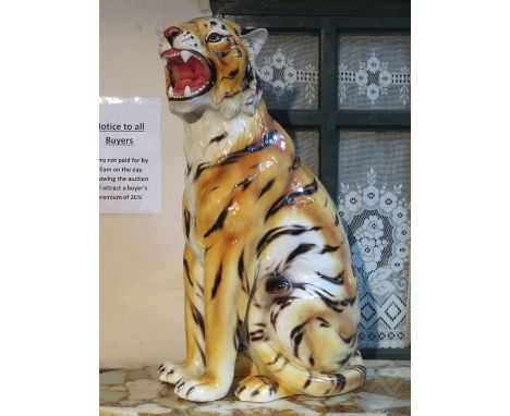 LARGE GLAZED SEATED CERAMIC TIGER, STAMPED MADE IN ITALY, APPROXIMATELY 80cm HIGH 