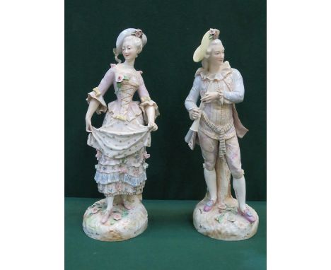 PAIR OF MEISSEN STYLE HANDPAINTED AND GILDED RELIEF DECORATED CERAMIC FIGURES (AT FAULT), APPROXIMATELY 47cm HIGH 