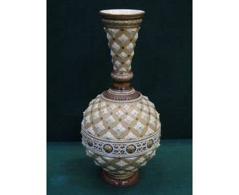 METTLACH ART NOUVEAU STYLE GLAZED AND UNGLAZED CERAMIC PINEAPPLE STYLE VASE, APPROXIMATELY 34cm HIGH 