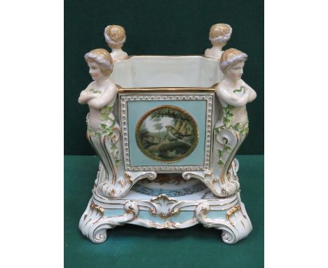 CONTINENTAL STYLE HANDPAINTED AND GILDED CERAMIC PLANTER ON STAND 