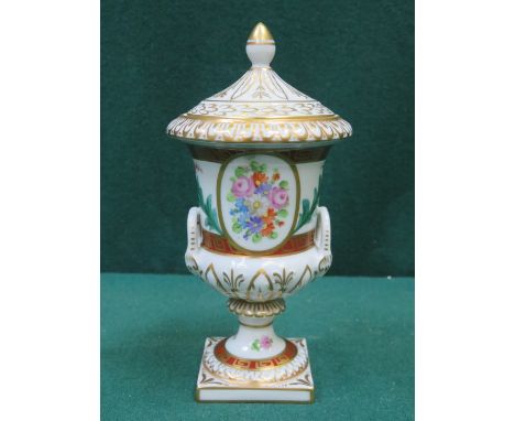 DRESDEN HANDPAINTED AND GILDED FLORAL DECORATED CERAMIC URN WITH COVER, APPROXIMATELY 17cm HIGH 