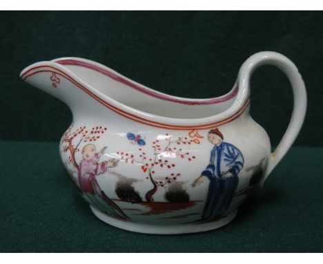 NEWHALL POTTERY HANDPAINTED 18th/19th CENTURY CERAMIC CREAM JUG WITH ORIENTAL SCENE, PATTERN No.421