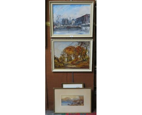 FRAMED OIL ON BOARD OF A HARBOUR SCENE AND FRAMED OIL ON BOARD OF A AUTUMN COUNTRYSIDE SCENE.  ALSO FRAMED WATERCOLOUR AND SI