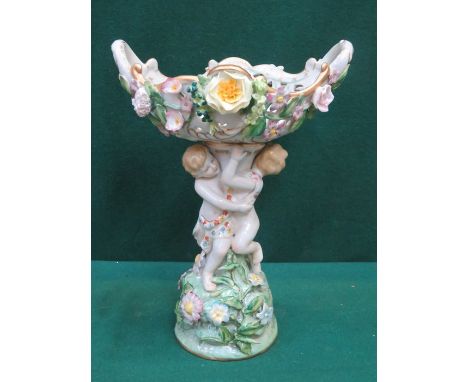 MEISSEN STYLE HANDPAINTED AND GILDED RELIEF DECORATED CERAMIC TABLE CENTRE PIECE, APPROXIMATELY 29cm HIGH 