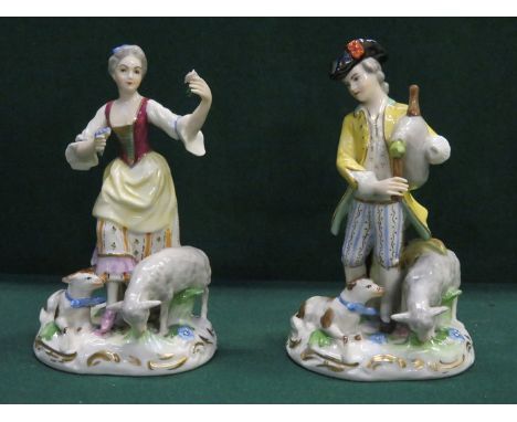 PAIR OF MEISSEN STYLE HANDPAINTED AND GILDED CERAMIC FIGURES, APPROXIMATELY 16cm HIGH 