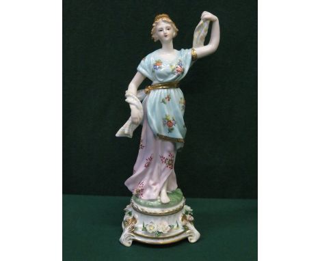 HANDPAINTED, GILDED AND RELIEF DECORATED CERAMIC FIGURINE, STAMPED DRESDEN, APPROXIMATELY 37cm HIGH 