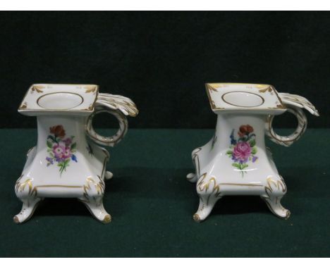 PAIR OF DRESDEN HANDPAINTED AND GILDED CERAMIC CANDLE HOLDERS 