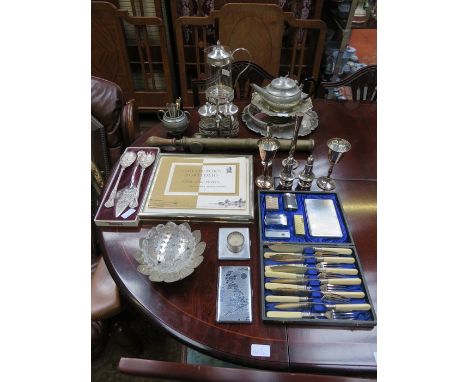 PARCEL OF VARIOUS SILVER PLATEDWARE, FLATWARE, PRINTS, LIGHTER, BRASS PESTICIDE SPRAYER, ETC.
