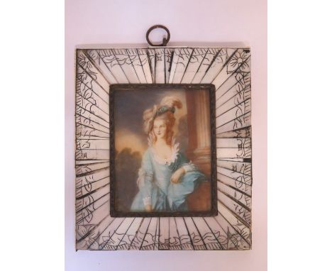 MINIATURE PORTRAIT DEPICTING 'MISS GAINSBOROUGH' WITH MOTHER OF PEARL DECORATED FRAME (AT FAULT), APPROXIMATELY 7.5cm x 6cm