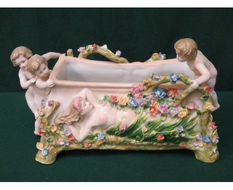 CONTINENTAL STYLE HANDPAINTED AND CERAMIC POSY BOWL, RELIEF DECORATED WITH FIGURES AND FLOWERS 