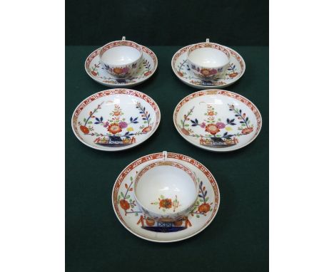 SET OF FIVE MEISSEN HANDPAINTED AND GILDED SAUCERS AND THREE FLORAL DECORATED MATCHING CUPS 