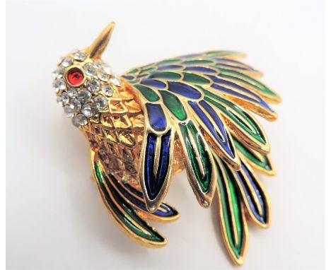 Vintage Gold Plate Enamel Crystal Humming Bird Brooch. A lovely vintage enamel and crystal humming bird brooch measuring 5.5 