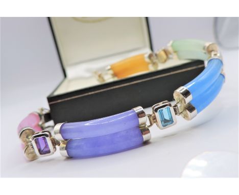 " Vintage Sterling Silver Multi-Colour Jade &amp; Gemstone Bracelet. A fabulous vintage sterling multi colour Jade bracelet s