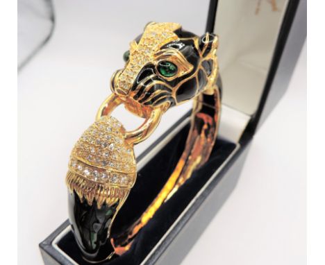 Ciner 1970's Gold Plated Enamel Crystal Panther Hinged Cuff Bracelet. A fabulous Circa 1970's unsigned Ciner statement piece 