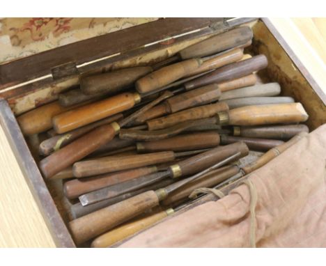 A collection of wood working tools in a wooden boxNote: Formerly the property of Frederick Benjamin Francis (1884-1959), a sc