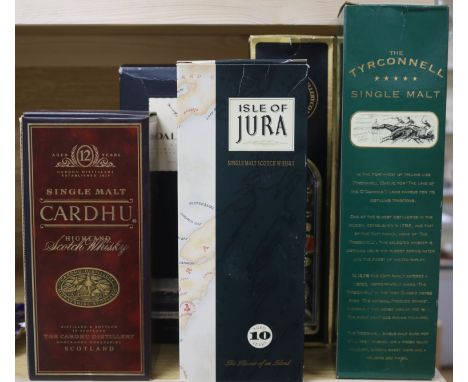 Five boxed Single Malt Scotch Whiskies: Isle of Jara, Coardhu, Tyrconnell, Black Busk and Dalmore