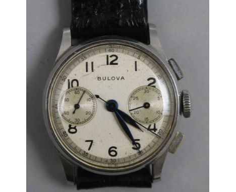 A gentleman's mid 20th century stainless steel Bulova chronograph manual wind wrist watch.