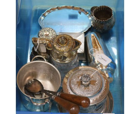 A Victorian plate-mounted cut glass claret jug, with lion finial and sundry silver and plate, including a plated biscuit barr