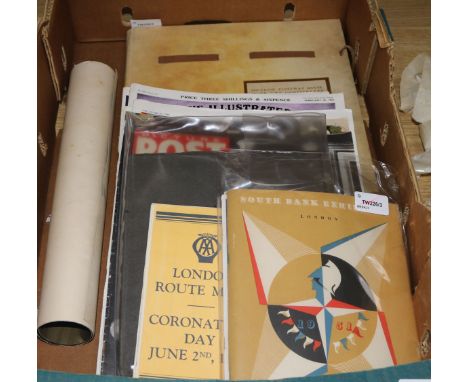 A collection of printed ephemera, including a 1951 South Bank Festival of Britain Guide, a similar Battersea Park Guide, a 'S