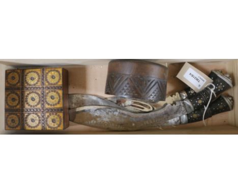Three similar decorative Kukri knives, two small wooden trinket boxes, etc.