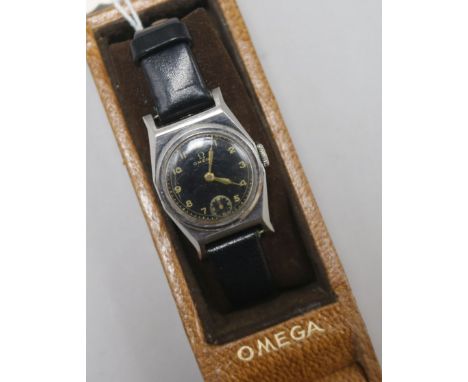 A lady's? mid 20th century stainless steel Omega manual wind wrist watch, with black dial, with Omega box.