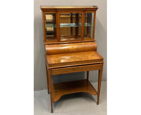 Edwardian mahogany and satinwood lady's bonheur du jour, the brass pierced gallery top above a glazed break front display top