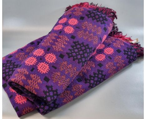 Vintage woollen Welsh tapestry blanket or carthen in black, purple and red colours, traditional Caernarfon design, with a Der