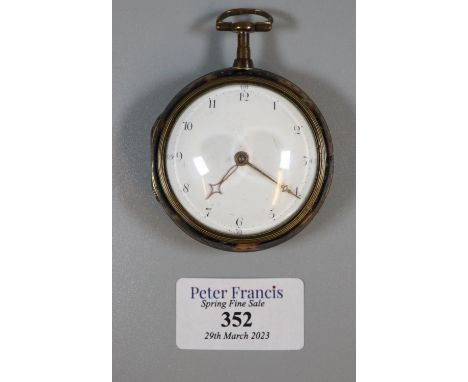 18th century yellow metal and tortoiseshell pair cased verge pocket watch, having white enamel face with Roman numerals, the 