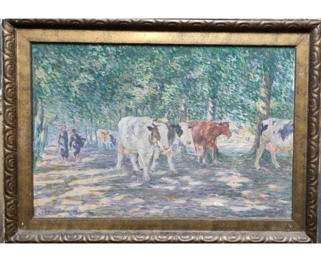 Continental School,(early 20th century), cattle amongst trees with figures in dappled light, indistictly signed and dated 191