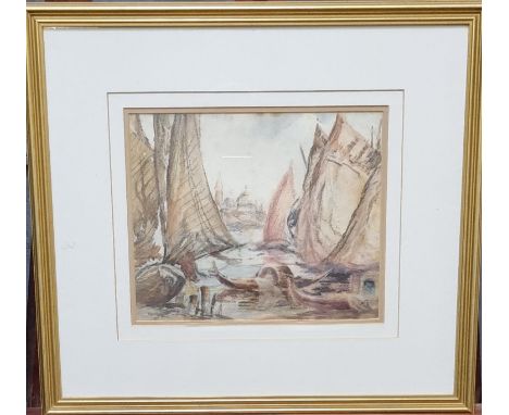 Frank Brangwyn RA, RSW, RWS (British 1867-1956), Venice, with sailing vessels and distant church, watercolours and pencil ske