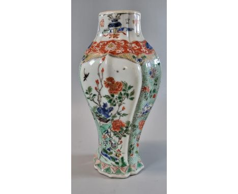 Chinese porcelain famille Verte quarter lobed flattened baluster vase, overall decorated with panels of birds, flowers and ro