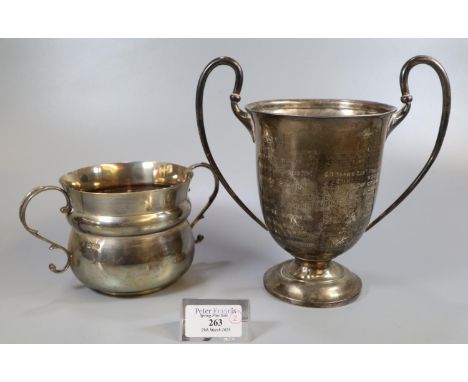 Edward VII silver two handled baluster sucrier or porringer, Chester 1907.  7 troy ozs approx.  Together with a George V silv