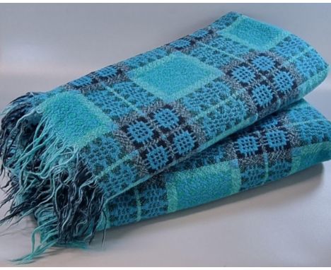 Vintage woollen Welsh tapestry blanket or carthen in green, blue, black colours, with fringed edge. 215 x 227cm approx (inclu