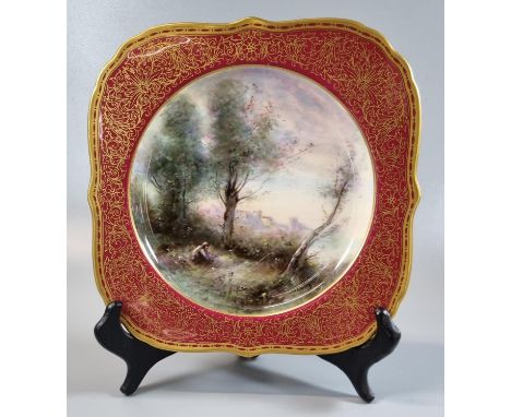 Royal Worcester porcelain dish, after Corot, having red and gilt border, signed Harry Davis. Circa 1925. 21 x 20cm approx. (B