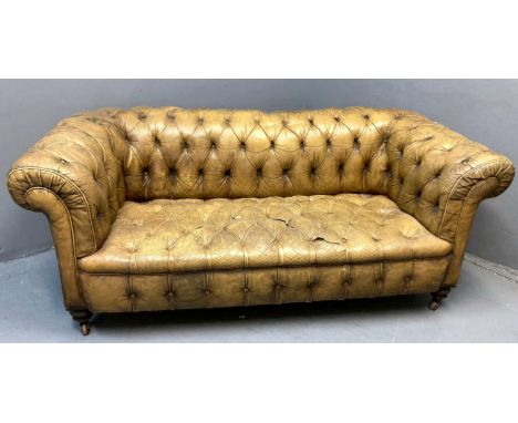 Late 19th/early 20th century tan leather button back Chesterfield style sofa, having scroll arms on turned legs, brass cups a