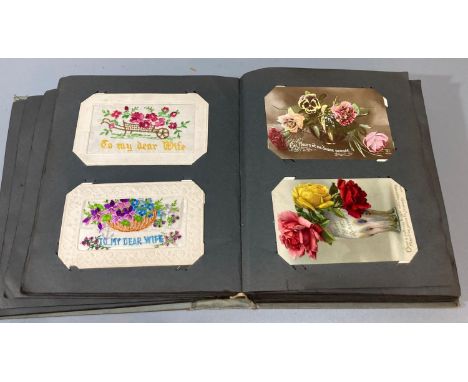 Postcards collection in album on pages and loose, with topographical , greetings, First World War Silks, Actors and Actresses