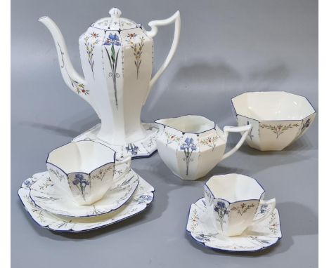 Fifty six piece Shelley bone china tea service, registration 723404, in the 'Blue Iris' pattern, comprising: teapot on stand,