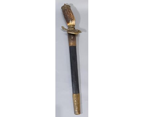 19th century German horn handled brass mounted hunting Hanger, the single edged blade etched 'Gott Mit Uns', and having brass