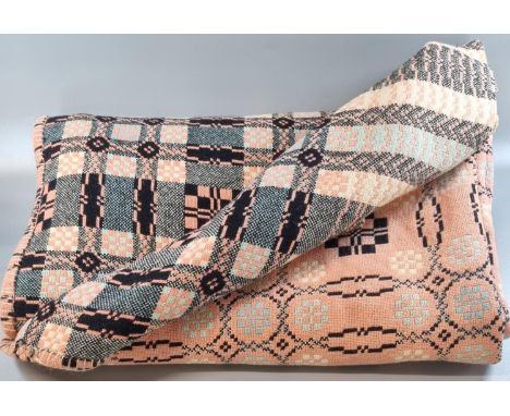 Vintage woollen Welsh tapestry blanket or carthen in peach, black and cream colours and geometric design. 'All pure wool, Rea