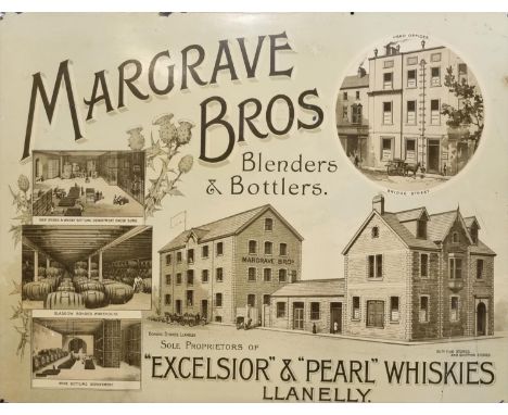Vintage enamel sign, 'Margrave Bros, Blenders and Bottlers, Sole Proprietors of 'Excelsior' and 'Pearl' Whiskies, Llanelly'. 
