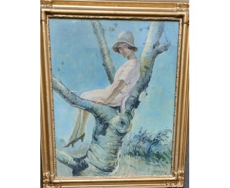 Hitchcock (British ,20th Century), portrait of a young girl in 1920's dress, seated in a tree, signed, oils on canvas. 59 x 4