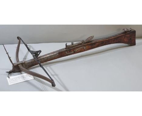 Unusual small 18th century bullet crossbow by 'Sykes of Dronfield' having hardwood stock with steel fittings, thumb release t