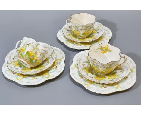 Late 19th century thirty two piece 'The Foley China ' part tea set by 'Wileman & Co.' decorated with stylised flowers in oran