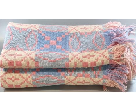 Vintage woollen Welsh tapestry blanket in pink, blue and cream colours, geometric design with fringed edge. 231 x 196cm appro