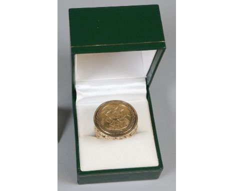 Late Victorian gold full sovereign, now converted to a ring, dated 1893, in 9ct gold pierced ring mount. Total weight 20.5g a