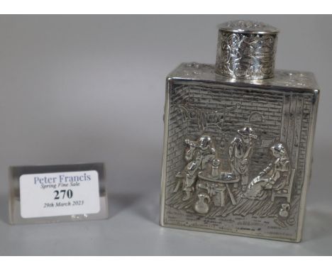 19th century Dutch silver tea caddy of square form , repoussé decorated with figures in interiors engaging in various pursuit